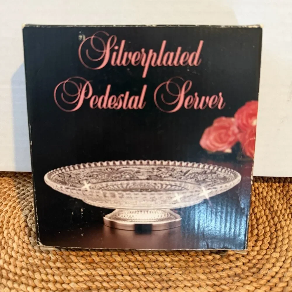 Vintage Silverplated Pedestal Server Glass Dessert Candy Stand w/ Box